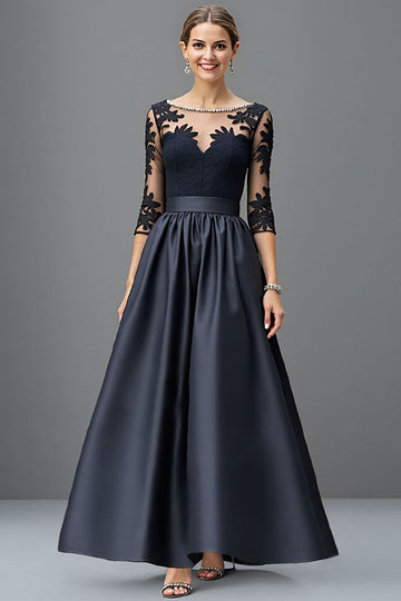 Navy A Line Satin Mother Of The Bride Dress With Appliques